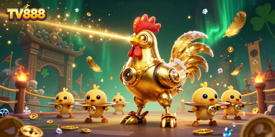 Bet on exhilarating action with TV888, featuring a dynamic golden rooster robot and betting elements.