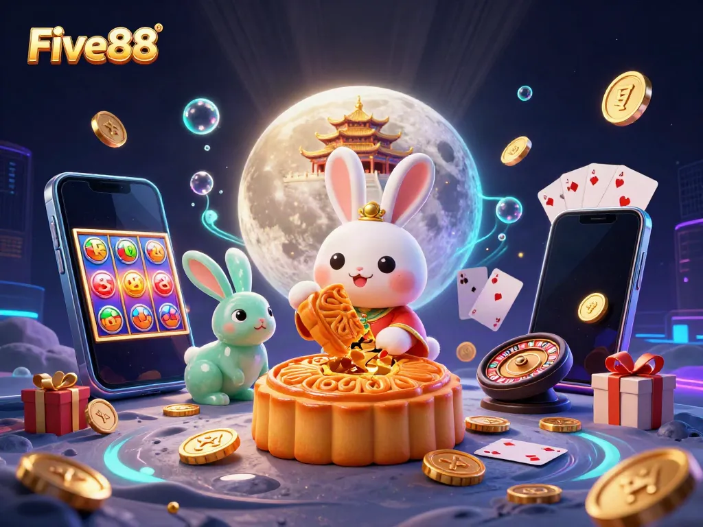Join the festive gaming scene at Five88 with the moon rabbit revealing poker chip-filled mooncakes amidst dynamic game elements.