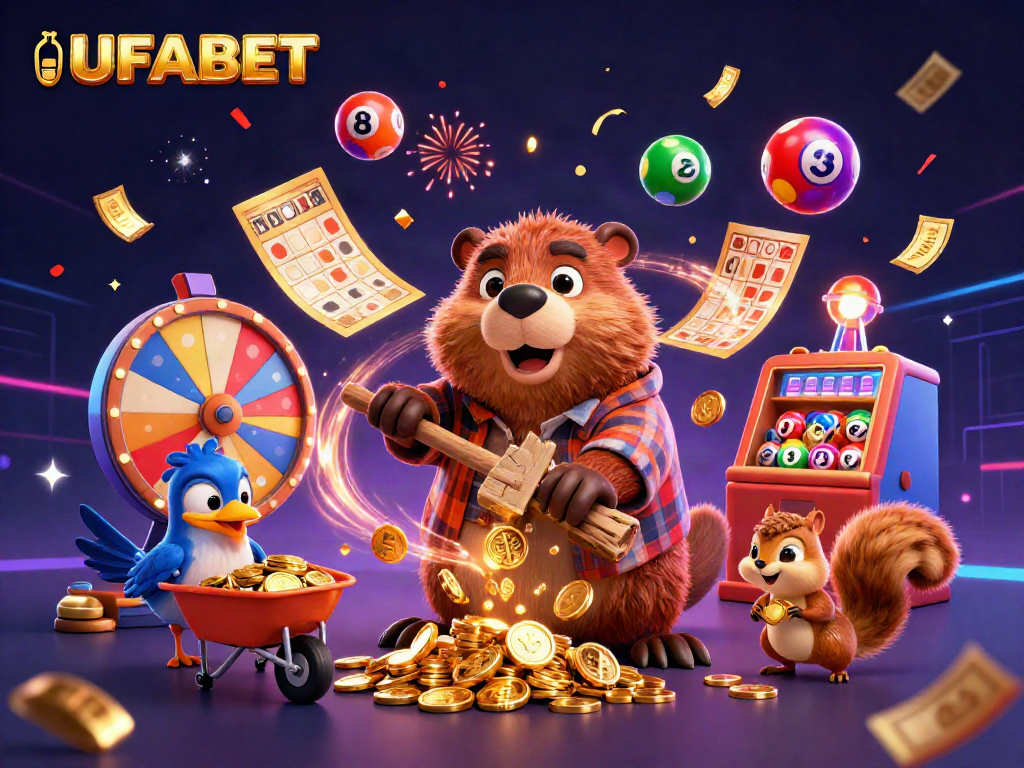 Join the excitement with UFABET as a 3D cartoon beaver chops trees raining golden coins!