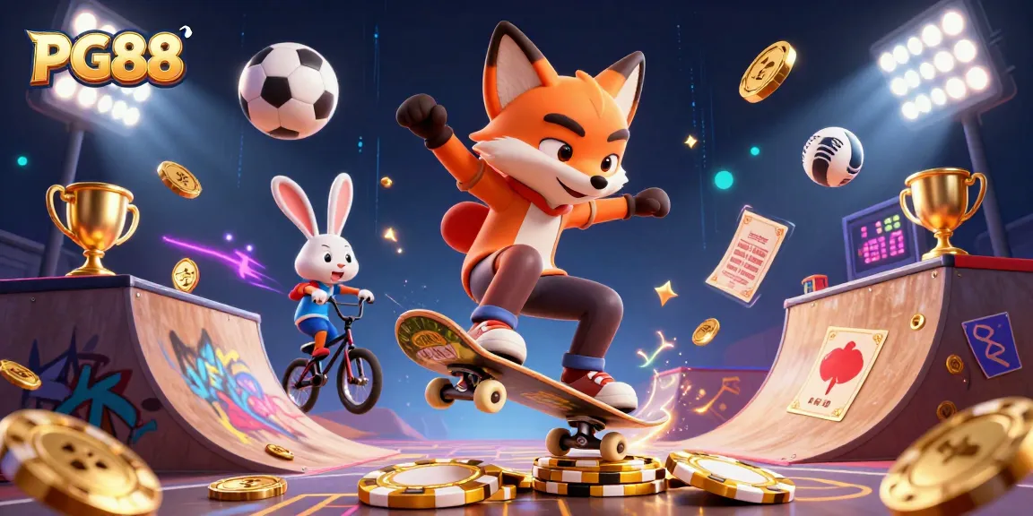 Experience thrilling gameplay at PG88 with cartoon characters in a dynamic casino scene filled with excitement.