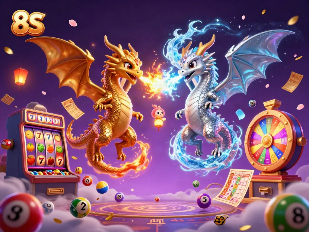 Experience thrilling jackpots in a colorful 8S casino scene with vibrant dragons and game elements.