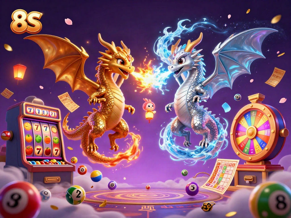 Experience thrilling jackpots in a colorful 8S casino scene with vibrant dragons and game elements.