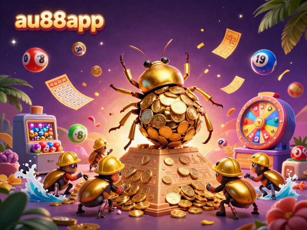Join the excitement at au88app with a vibrant illustration showcasing golden coins, lottery elements, and fun symbols!