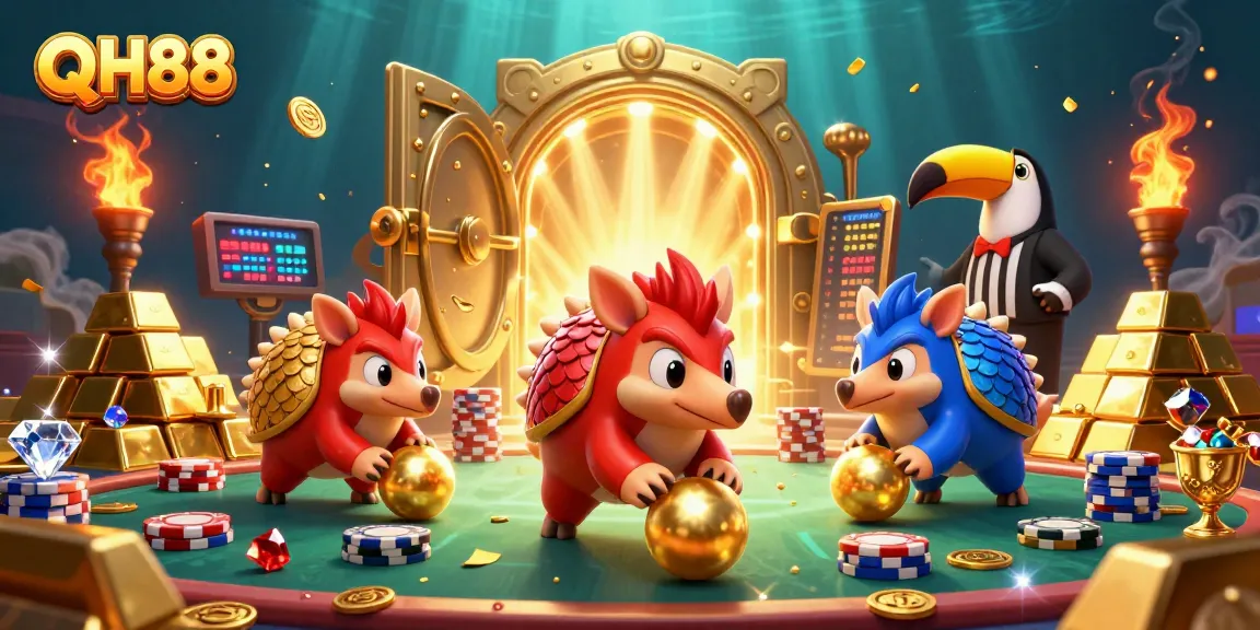 QH88 pangolins roll into golden balls while bowling through poker chips, celebrating big wins.
