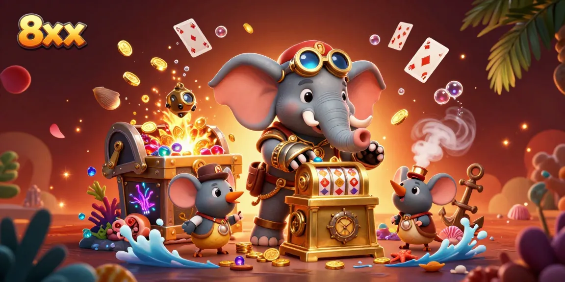 Spin the golden slot machine with 8xx, featuring a whimsical 3D steampunk elephant character.