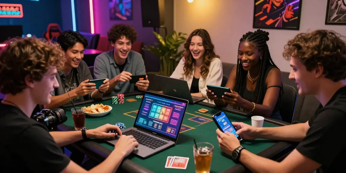 Teman merayakan kemenangan dalam permainan boswin 88 secara online dengan laptop dan minuman.