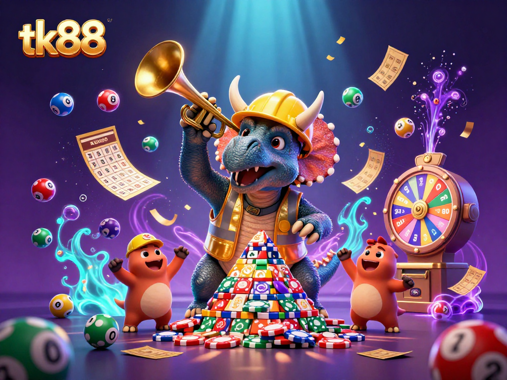 tk88 celebrates with a triceratops and lottery elements in a vibrant casino scene