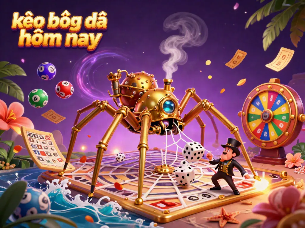 Engage with kèo bóng đá hôm nay through a vibrant illustration of a golden spider and a fly gentleman amidst dynamic casino elements.