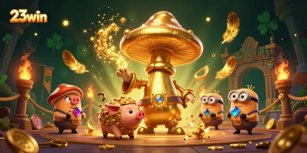Engage in thrilling gambling adventures with 23win's magical scene filled with golden treasures.