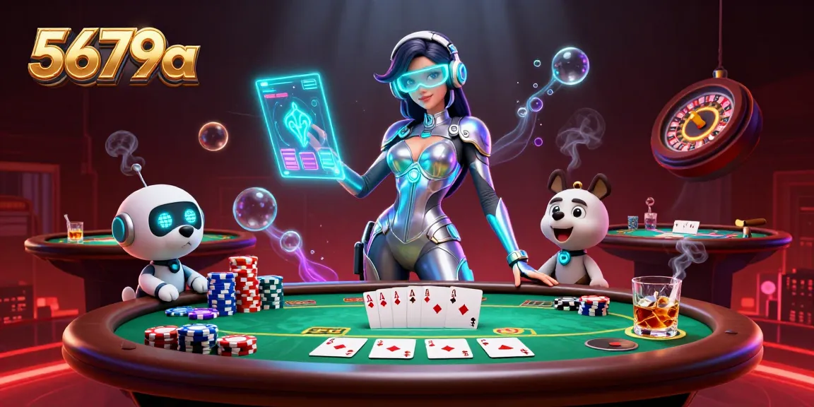 Feel the excitement at 5679a with a futuristic casino scene showcasing vibrant poker action and holographic elements.