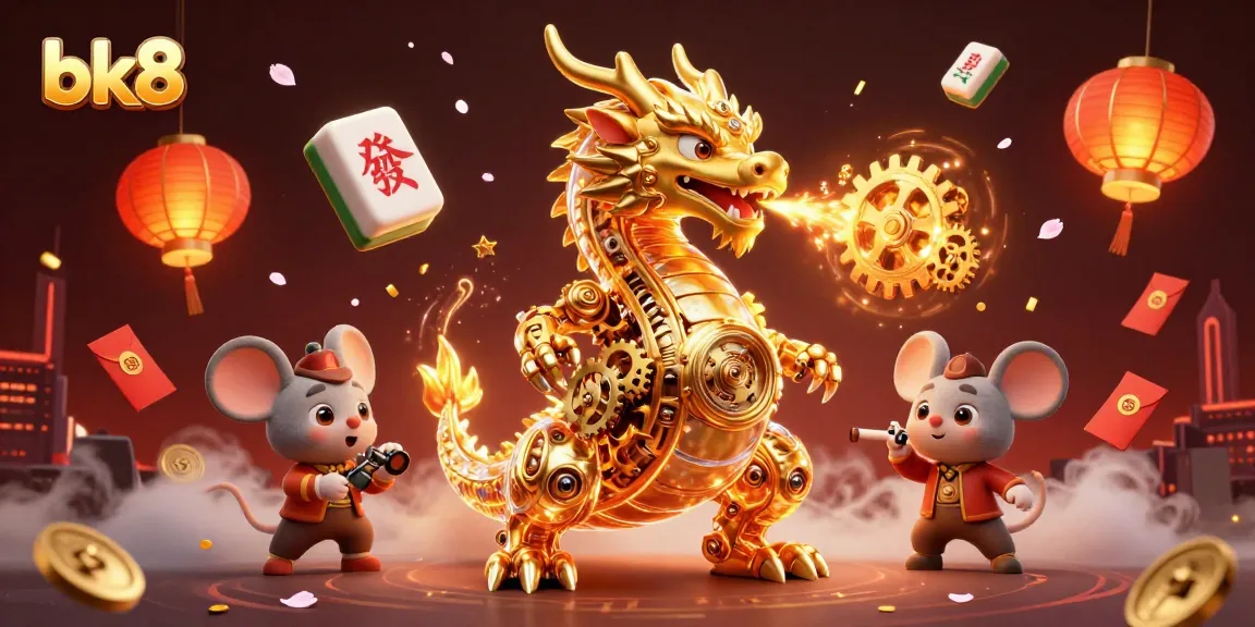 Play and win at bk8 with an engaging 3D illustration of a golden dragon amidst vibrant casino elements.