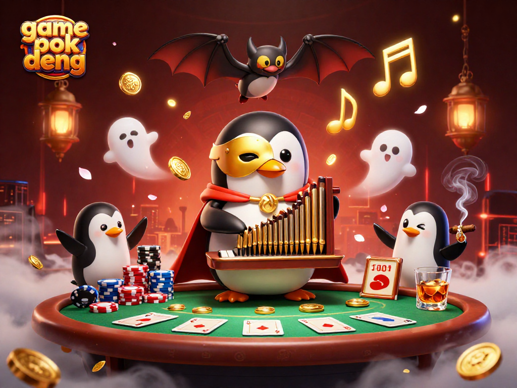 The game pok deng features an exciting scene with a phantom opera penguin, poker elements, and dynamic visual effects.