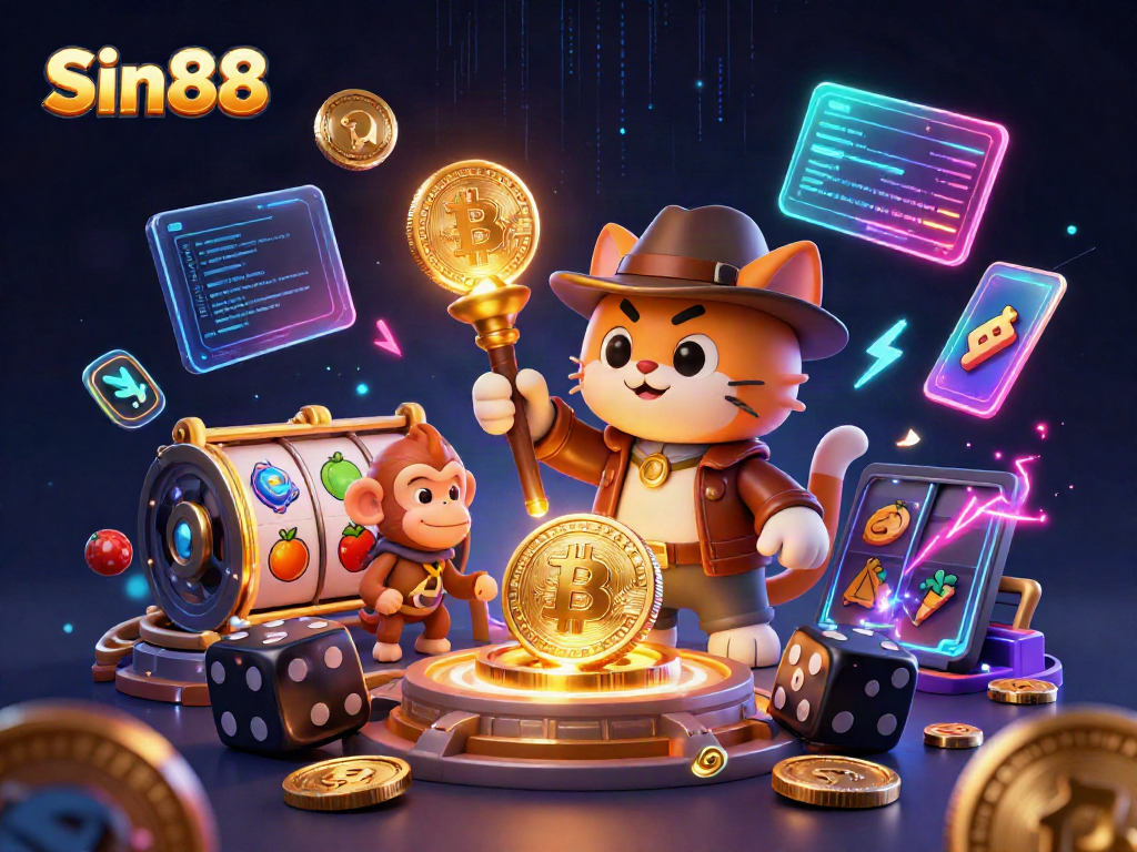 Experience the excitement of Sin88 with a 3D cartoon cat discovering a golden casino artifact amidst vibrant slot reels and crypto elements.