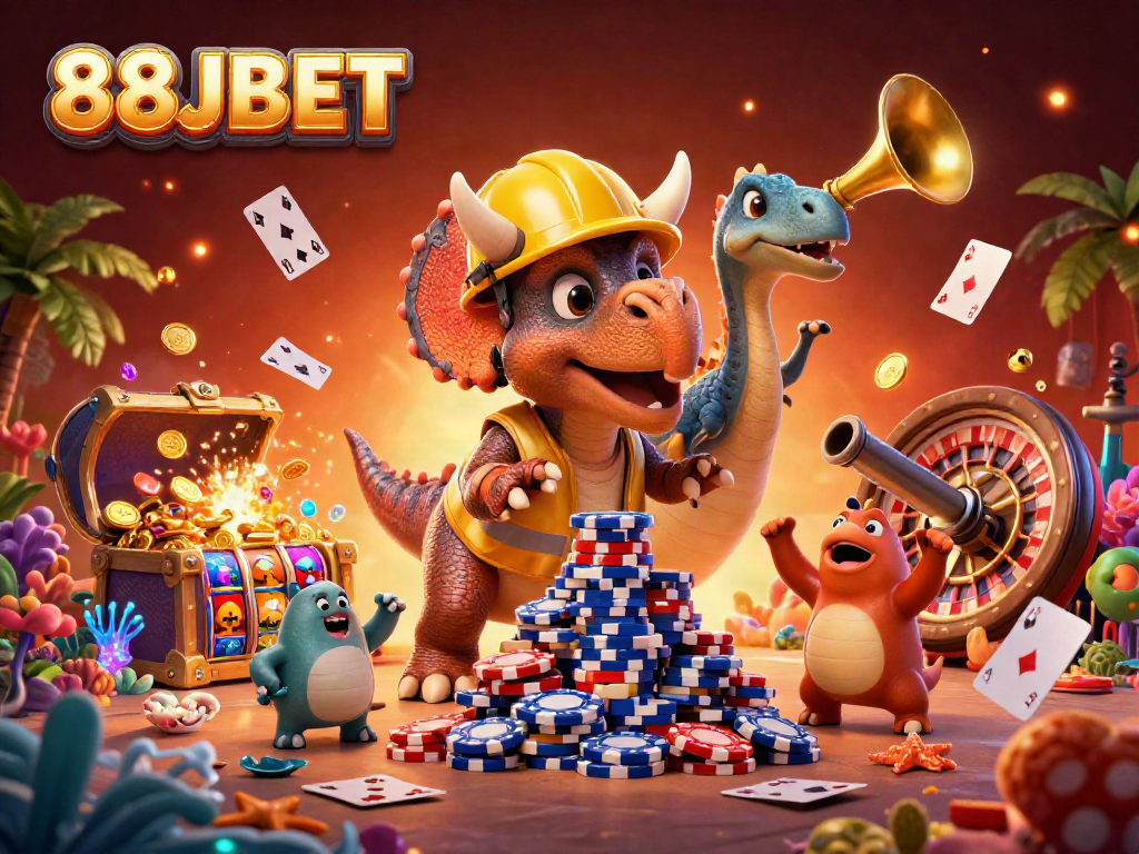 Bet on 88JBET with a vibrant scene of a triceratops stacking poker chips and celebrating casino wins.