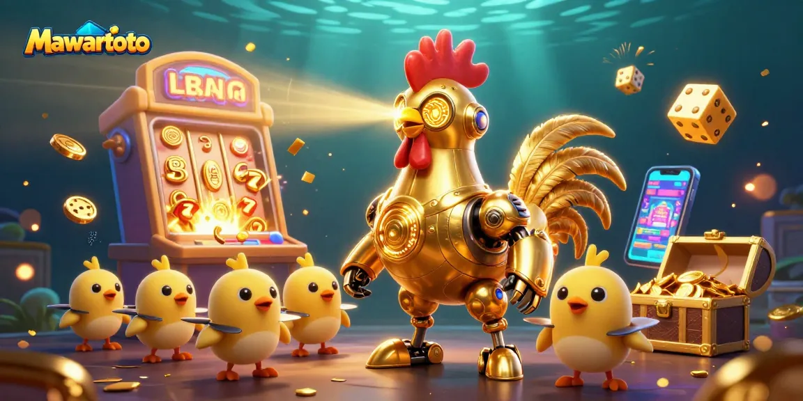 Mawartoto showcases a vibrant casino scene featuring a golden rooster robot amidst a jackpot explosion.