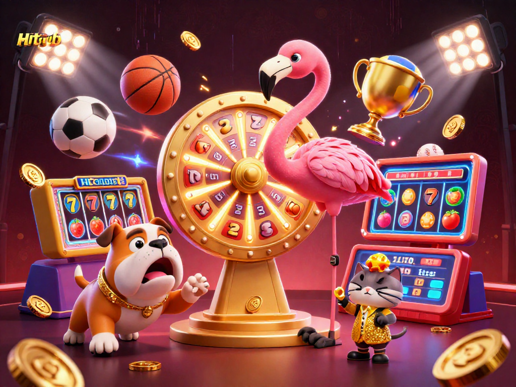 Hitclub's vibrant casino scene featuring an animated flamingo and bulldog celebrating prizes.