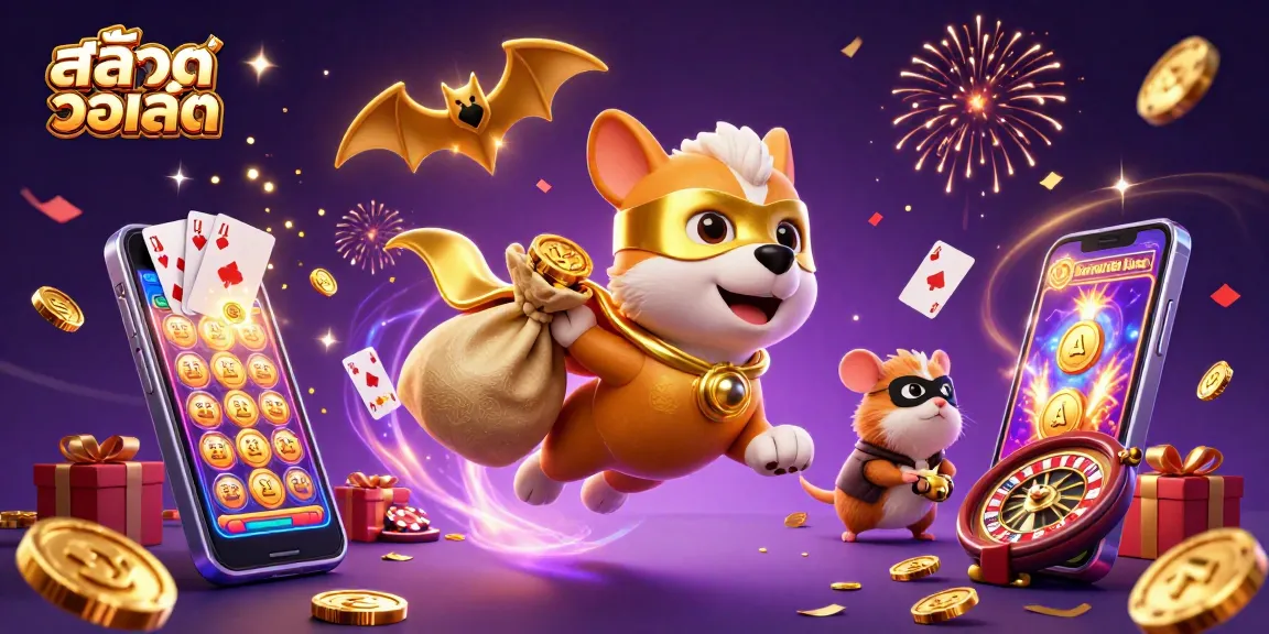 Play สล็อตวอเลท with a superhero dog and hamster amidst a vibrant casino atmosphere.
