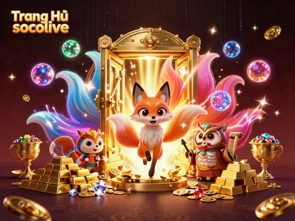 Engage with Trang Chủ socolive featuring a vibrant nine-tailed fox, wise owl, and treasure-filled scene for thrilling gaming adventures.