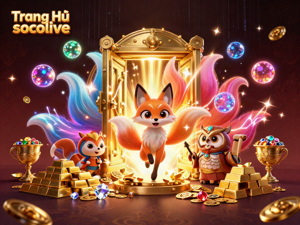 Engage with Trang Chủ socolive featuring a vibrant nine-tailed fox, wise owl, and treasure-filled scene for thrilling gaming adventures.