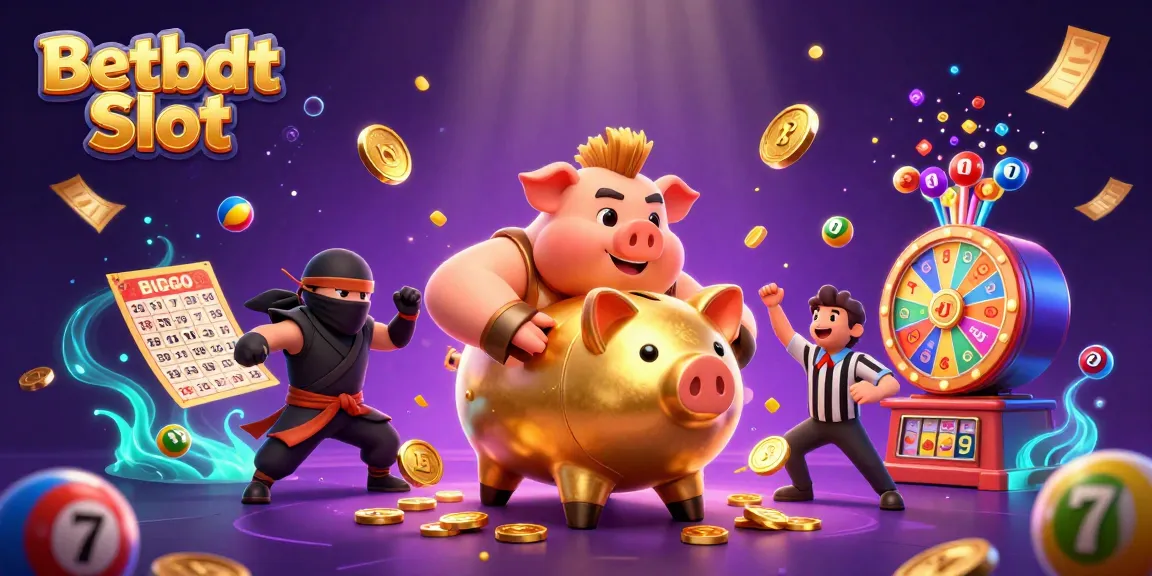 Win big with Betbdt Slot in this vibrant 3D illustration featuring a piggy bank sumo wrestler and lucky icons.