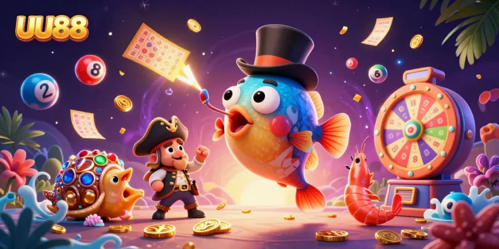 UU88 sparks excitement with anglerfish, pirate shrimp, and treasure snail in a vibrant casino scene.