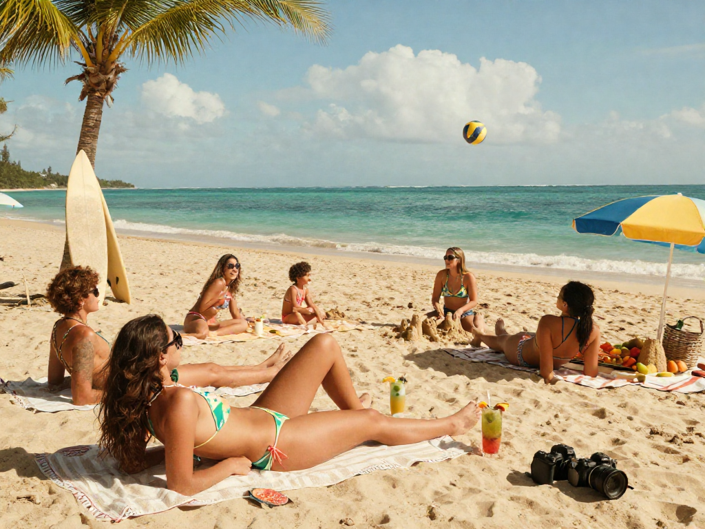 Friends enjoying summer beach day at BIKINISLOT, vibrant swimsuits and snacks around.