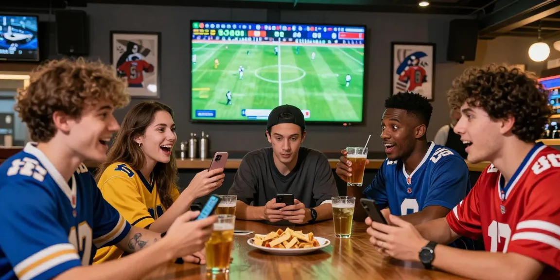 BOLA88 sportsbook scene with friends enjoying betting during a live football match in a vibrant sports bar.