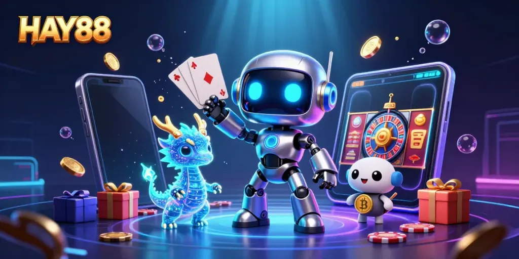 Experience the excitement of HAY88 with our vibrant 3D casino illustration showcasing stunning game elements and dynamic characters.