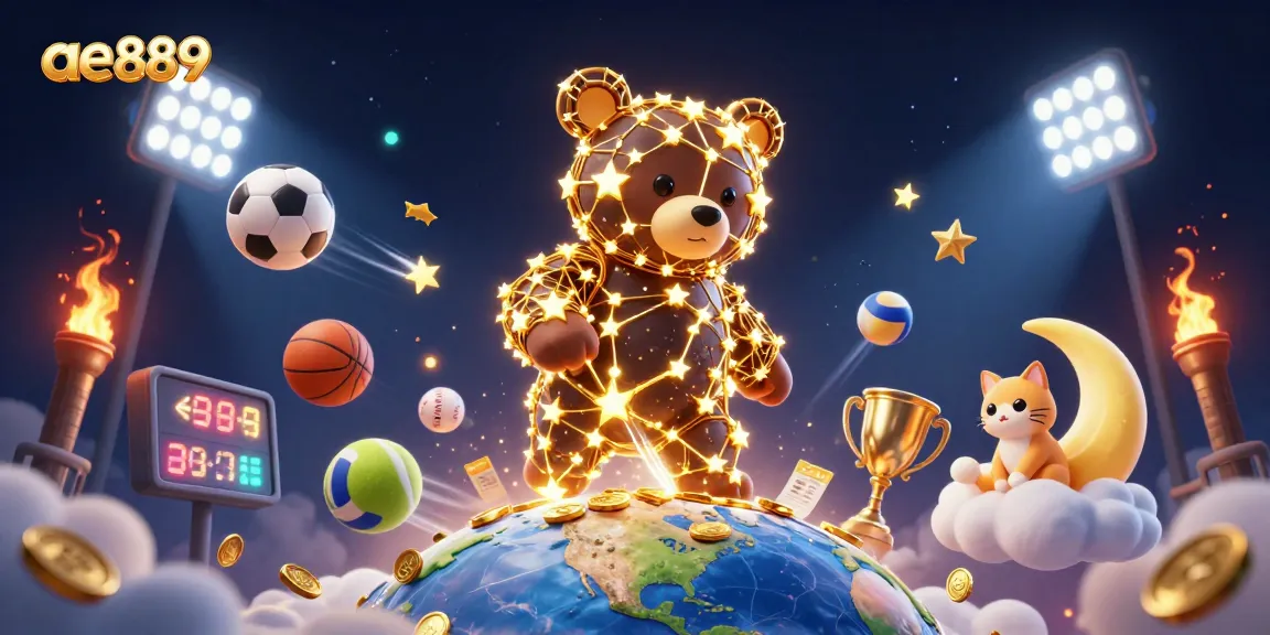 Engage in exhilarating gameplay with ae889 as the constellation bear scoops coins amidst vibrant sports elements.