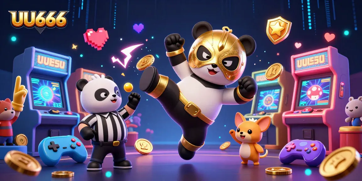 Witness the excitement of UU666 with a vibrant 3D illustration featuring our panda wrestler and chihuahua referee, surrounded by animated casino elements.