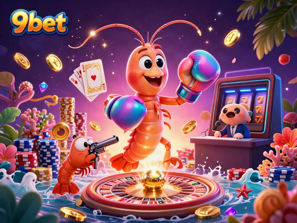 Experience the excitement of 9bet with vibrant characters and casino elements surrounded by golden treasures.