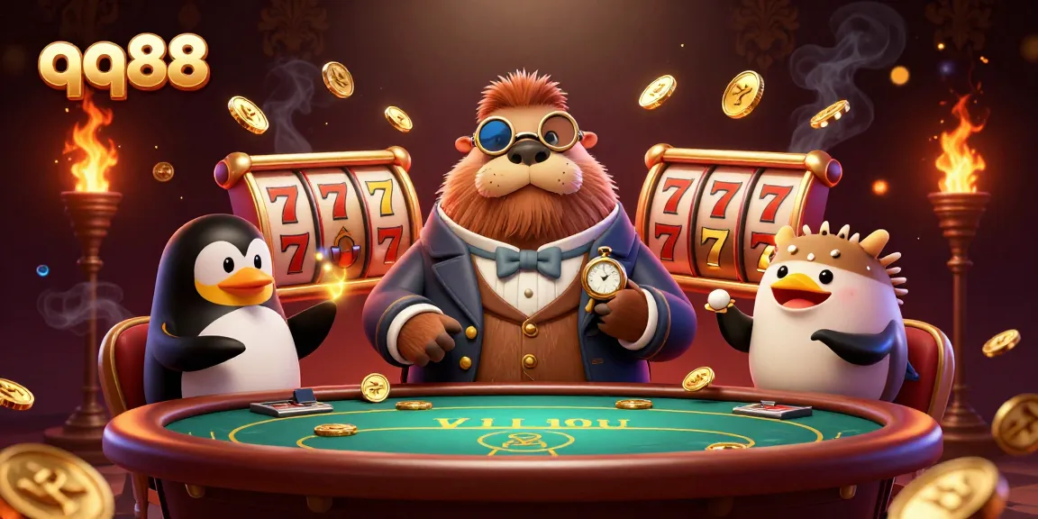 Experience the thrill of qq88 with a jolly walrus and friends at an underwater poker table, showcasing dynamic slot games.