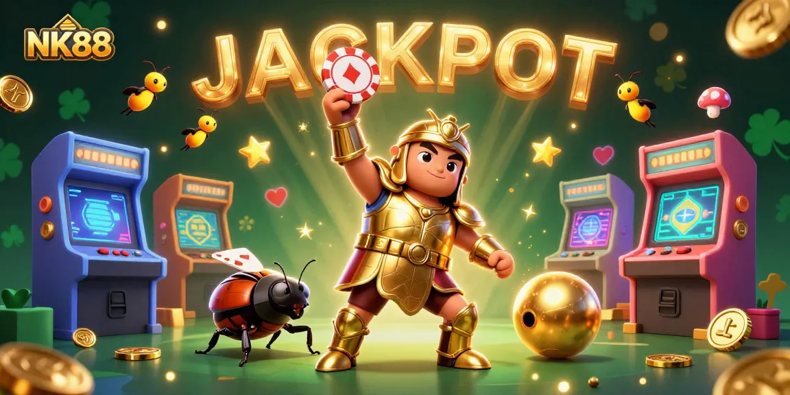 Experience big wins at NK88 with a vibrant 3D casino scene featuring themed characters and gaming elements.