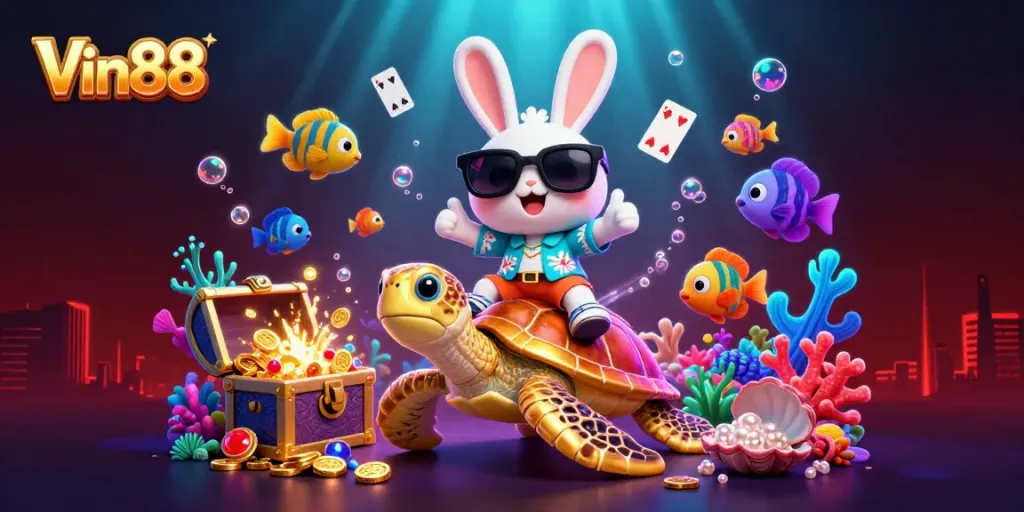 Win big at Vin88 with a cartoon lucky rabbit and golden turtle in a lively casino setting.