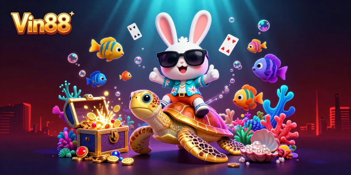 Win big at Vin88 with a cartoon lucky rabbit and golden turtle in a lively casino setting.