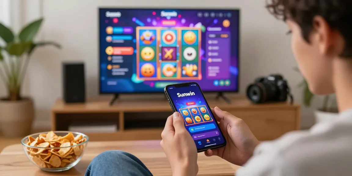 Exciting player engaging with Sunwin gaming app in a cozy setting
