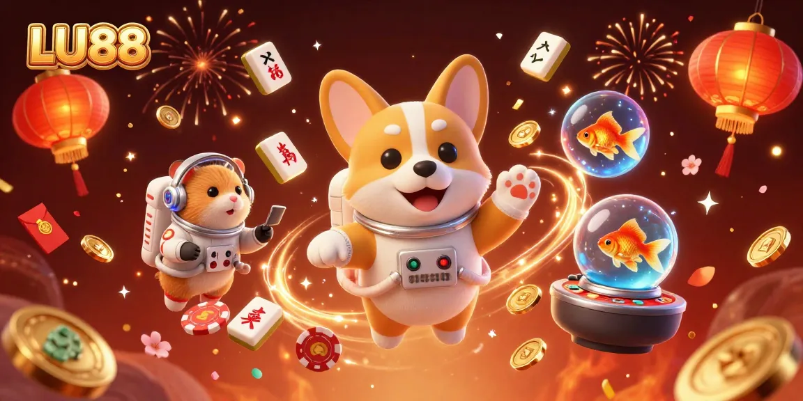 LU88 offers immersive casino experience in space with floating chips, a corgi, and festive decorations.