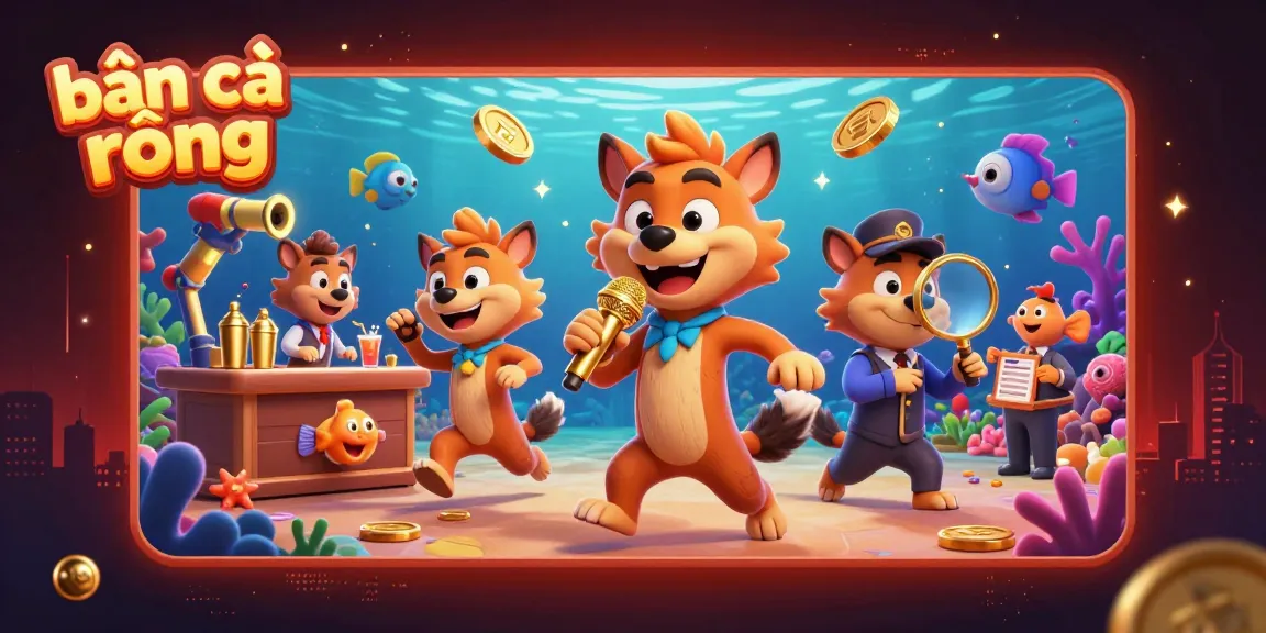 Bắn cá rồng animated scene showcasing hyenas in a comedy casino setting, featuring stand-up and gaming elements.