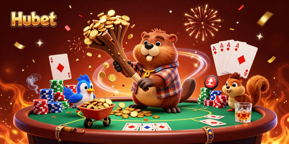 Hubet showcases a playful scene with a lumberjack beaver and friends collecting coins in a vibrant casino atmosphere.