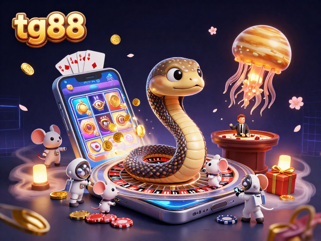 Engage with tg88 gaming as adorable mice place bets on a cosmic roulette wheel in this vibrant casino illustration.