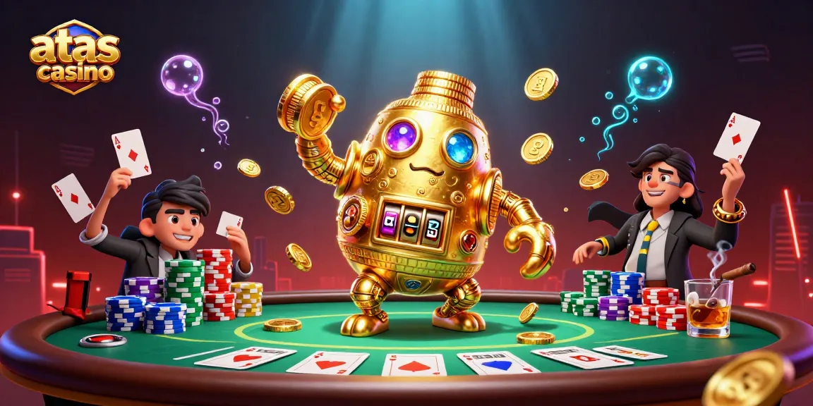 Play immersive games at atas casino with exciting poker chips and golden golem characters.