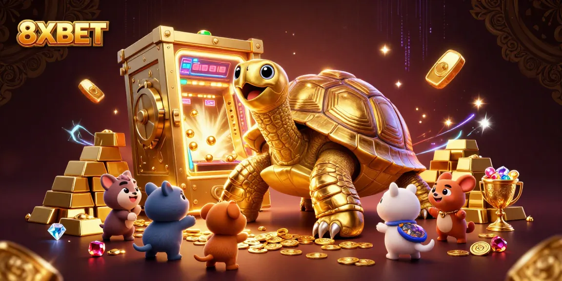 Experience thrilling entertainment at 8XBET's action-packed gambling scene featuring golden treasures.