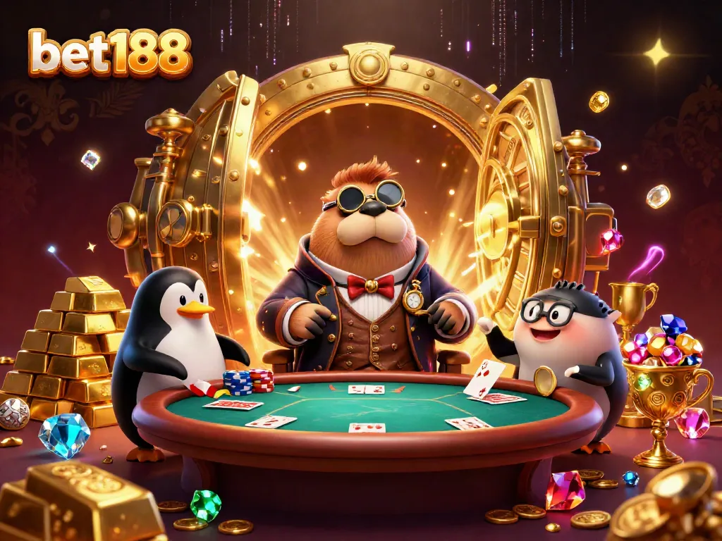 Bet188 poker scene featuring a playful walrus, penguin dealer, and a bluffing pufferfish amidst treasure.