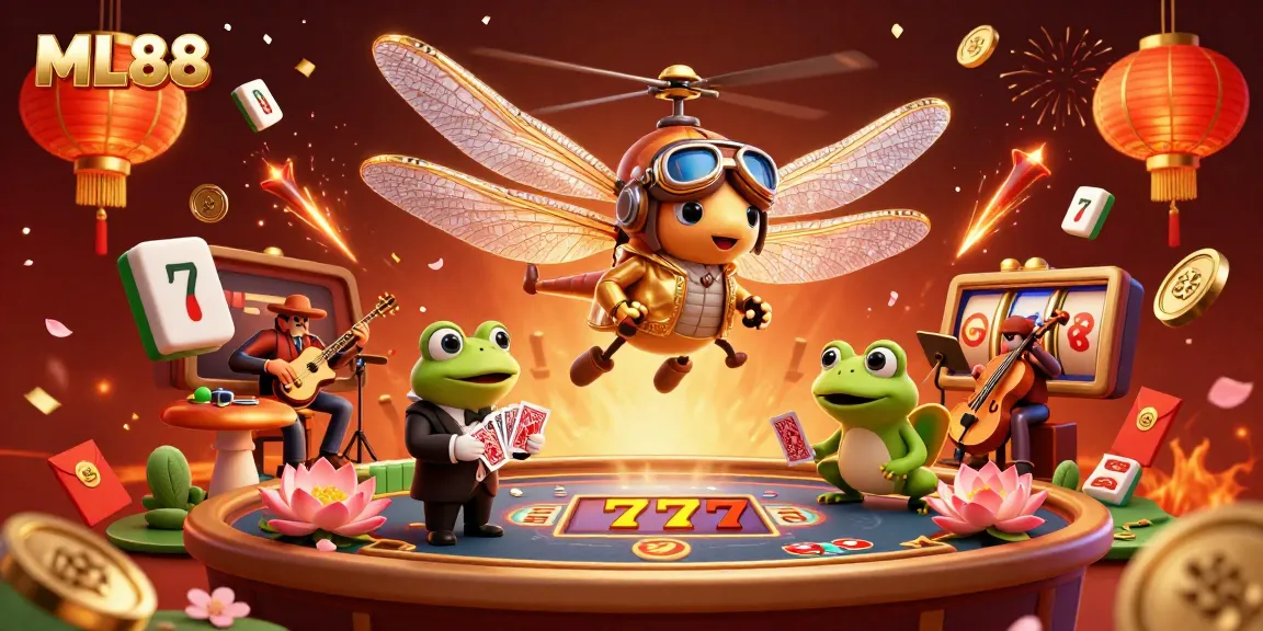 ML88 reveals the vibrant casino world with a frog croupier, dragonfly pilot, and winning elements all around.