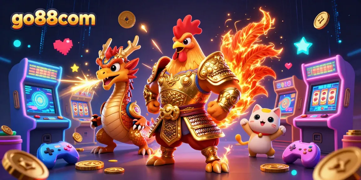 Engage in thrilling gameplay at go88com, featuring a samurai rooster and dragon in a bustling casino environment.