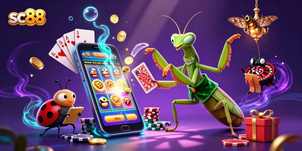 Experience sc88 excitement with a vibrant 3D illustration of a mantis card sharp and ladybug pit boss.