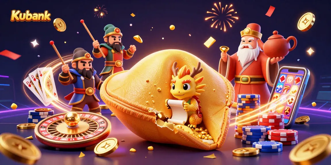 Kubank showcases an exciting casino scene with a giant fortune cookie, gold coins, and dynamic gaming elements.