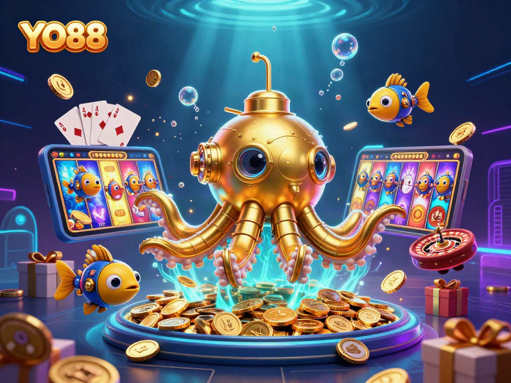 Engage with YO88's thrilling online gaming world featuring vibrant slot games, golden coins, and lively characters.