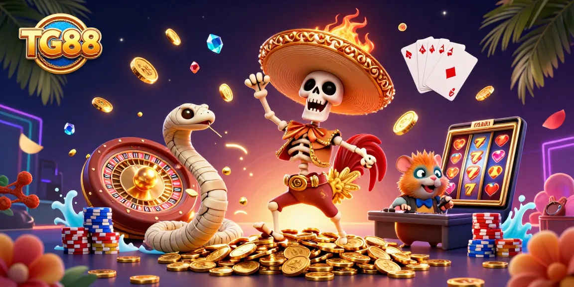 Join the excitement at TG88 with a radiant victory dance atop golden coins in a vibrant casino scene.