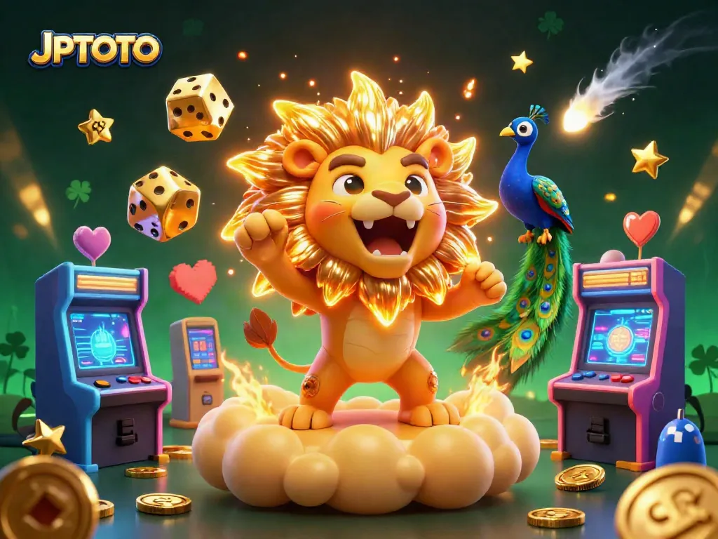 Engage with JPTOTO in a vibrant casino-themed scene featuring a roaring sun lion and golden elements.